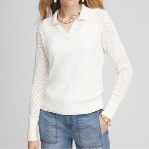 NWT CHICO'S Collared V-Neck Pullover White Sweater Size XXL